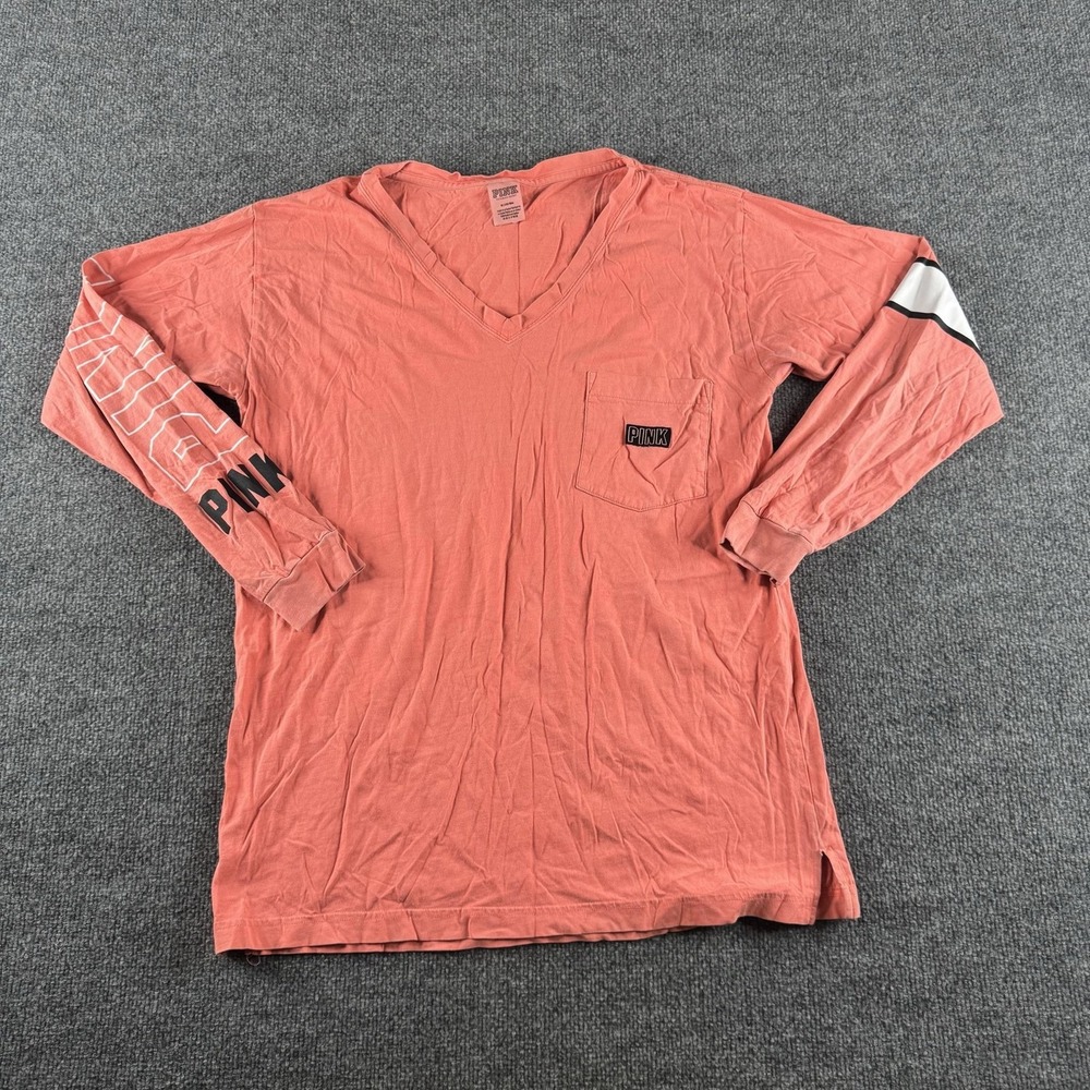PINK Victoria's Secret Shirt Womens M Pink V Neck Long Sleeve Pocket Logo Ladies